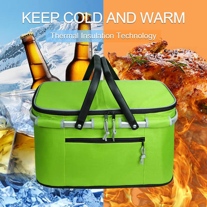 26L Insulated Picnic Basket Lined Waterproof Collapsible Double Handles Stable Integral Side Support Rod Anti-Tilt for Picnic Takeaway Grocery Shopping Cooler Bag